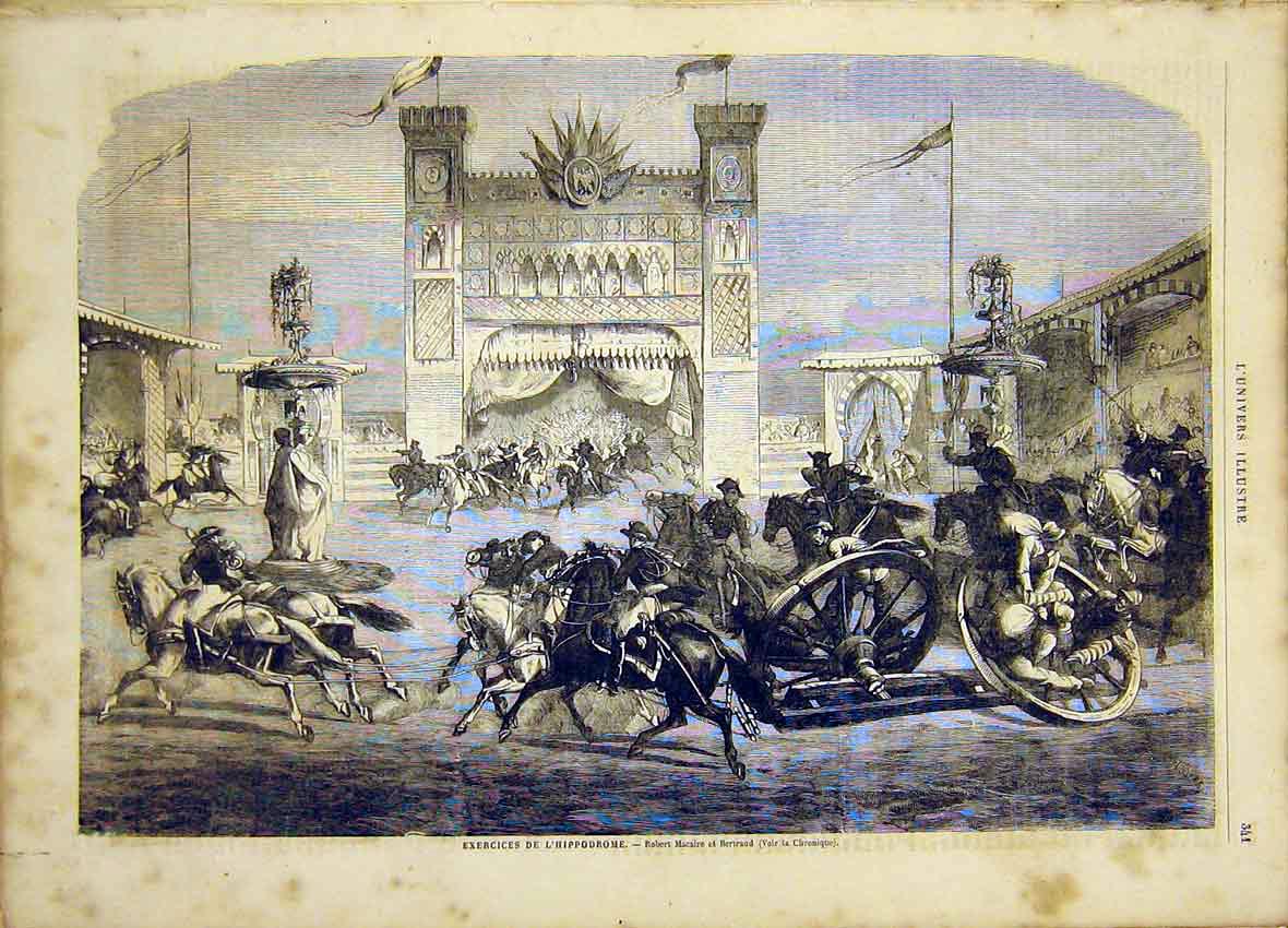 Original Old Antique Print Hippodrome Exercise Macaire Bertrand French 1865 19th