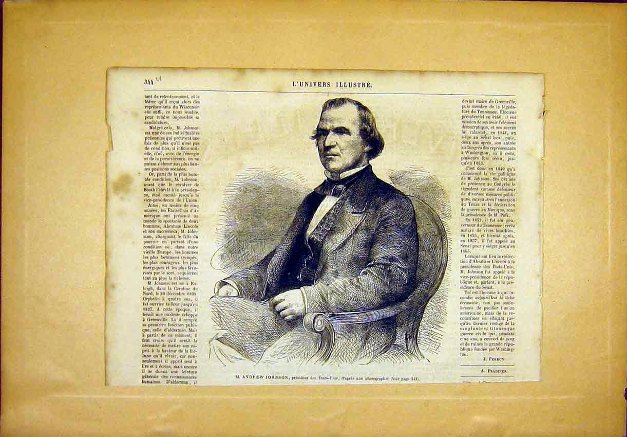 Original Old Antique Print Portraitjohnson President United States America 1865