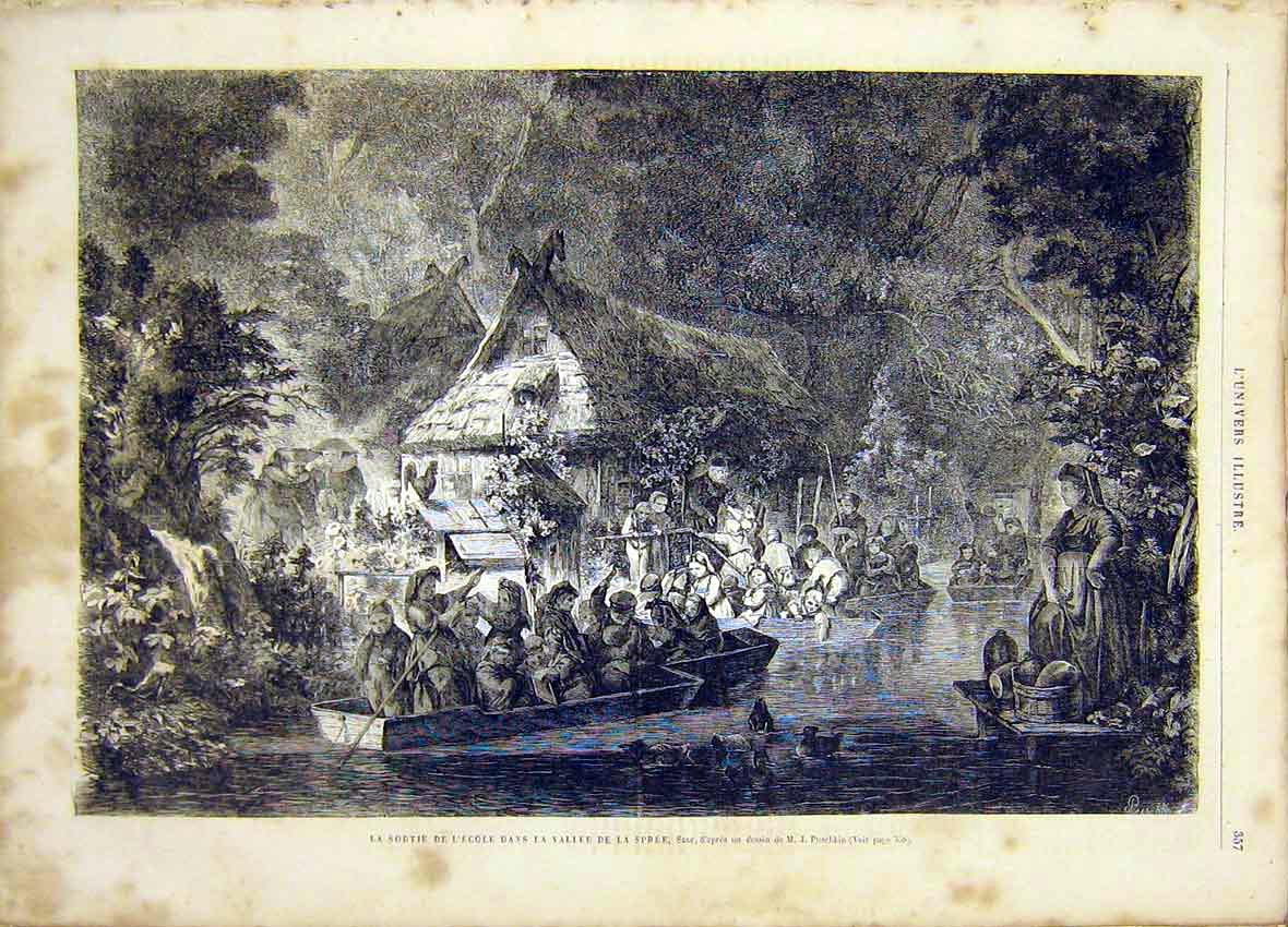 Original Old Antique Print Spree Valley School Germany Puschkin French 1865 19th