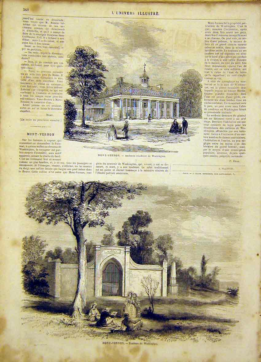 Original Old Antique Print Mont-Vernon Washington Tomb French 1865 Victorian
