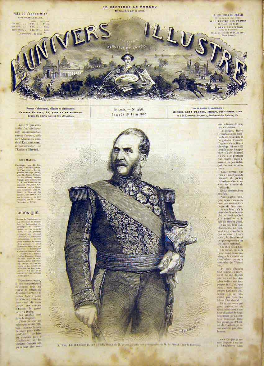 Original Old Antique Print Portrait Marecual Magnan French 1865 19th