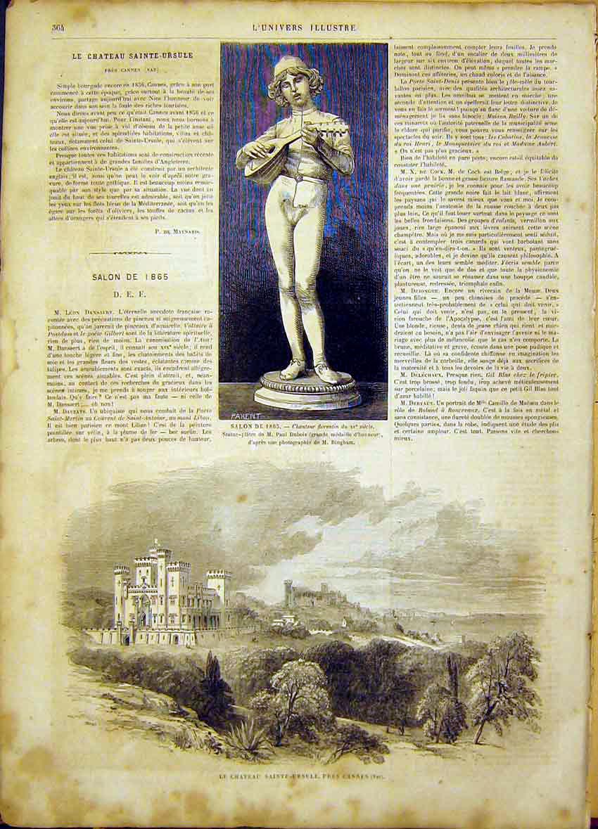 Original Old Antique Print Castle Saint Ursula Cannes Ursule Dubois 1865 19th