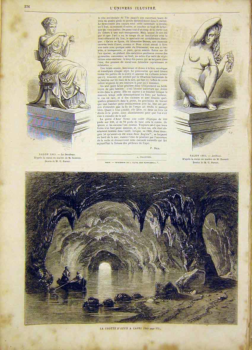 Original Old Antique Print Statue Marble Salmson Durand Cave Azur Capri 1865