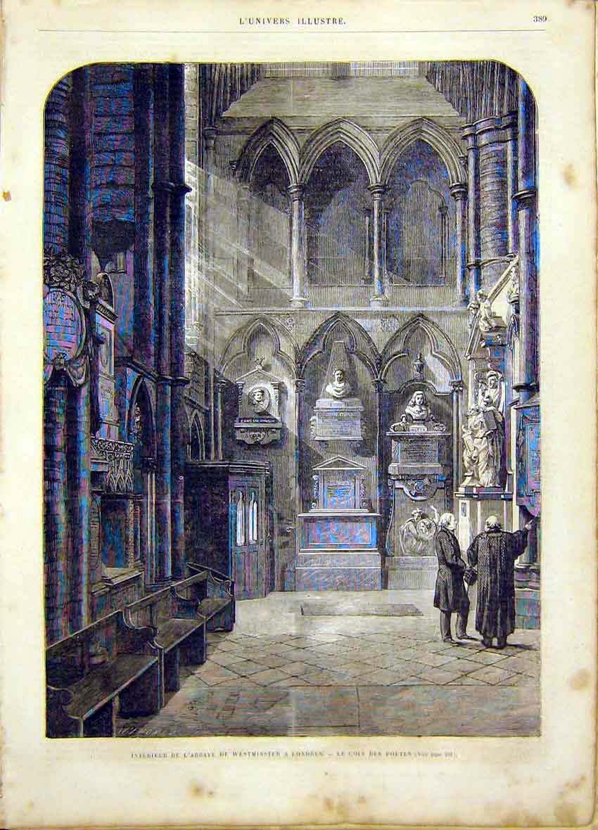 Original Old Antique Print Abbey Westminster London Poets French 1865 Victorian