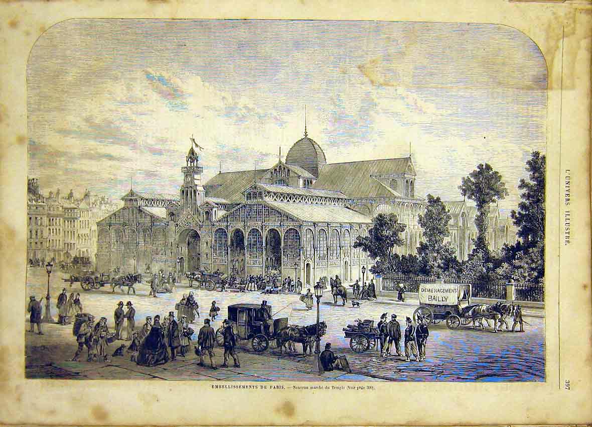 Original Old Antique Print Paris Improvements Building Temple French 1865 19th