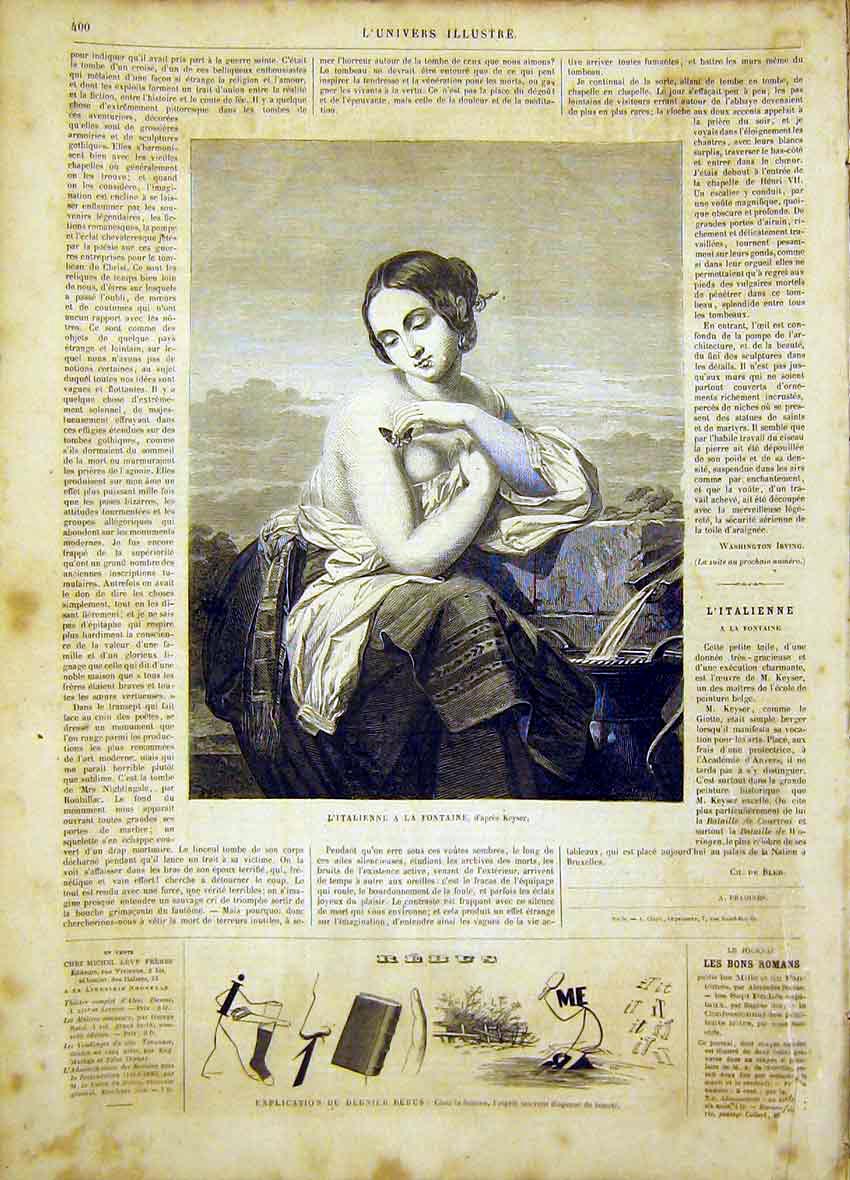Original Old Antique Print Italian Fountain Keyser Fine Art French 1865 19th