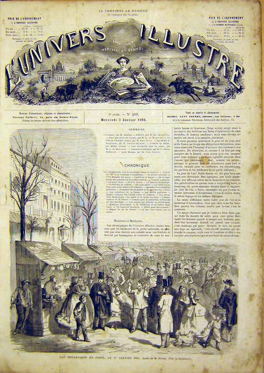 Original Old Antique Print Boulevards Paris Pelcoq French 1866 19th