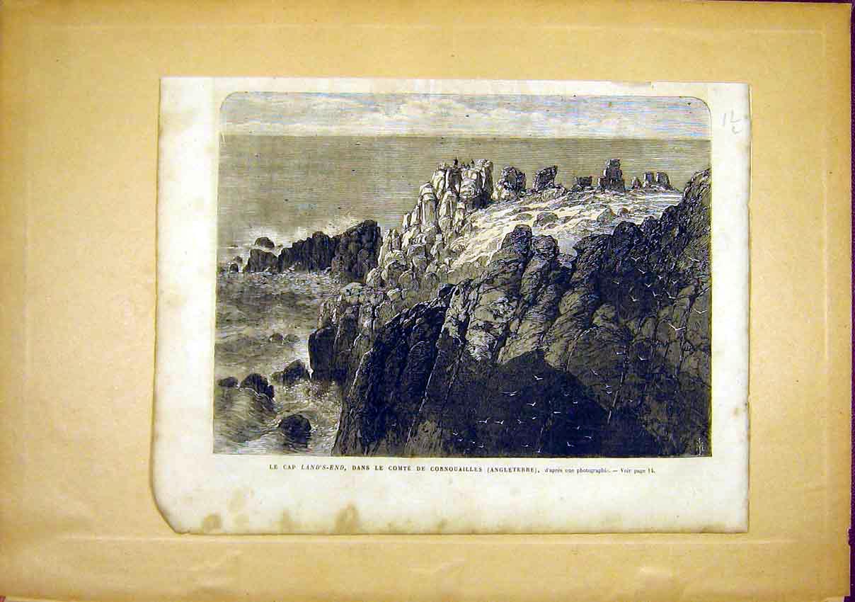 Original Old Antique Print Land'S End Cape Corwall England French 1866 19th