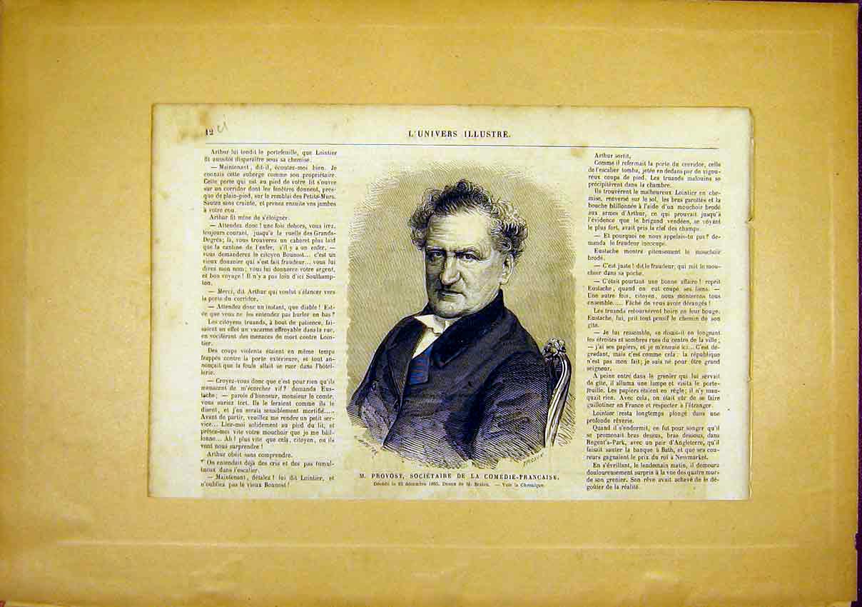Original Old Antique Print Portrait Provost Comedy Society French 1866 19th