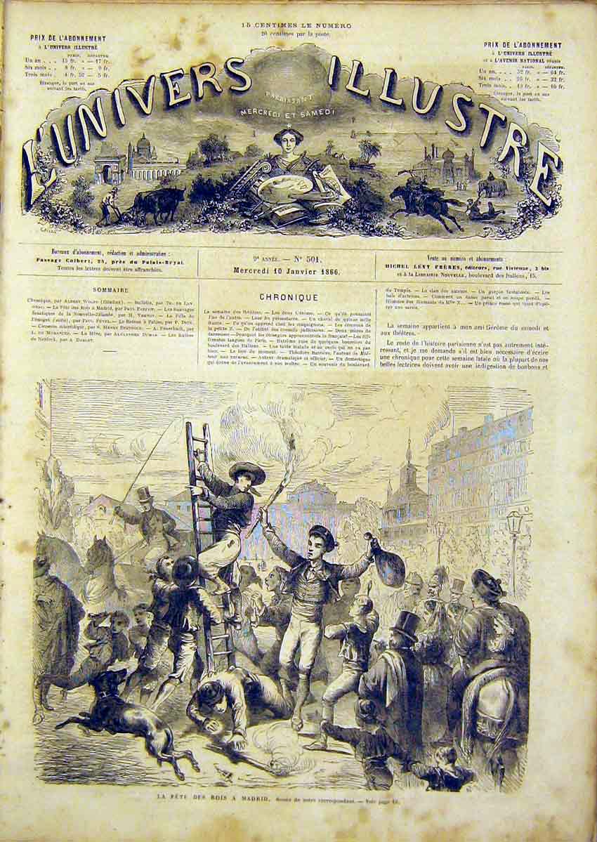 Original Old Antique Print Fete Madrid Spain French 1866 Festival 19th