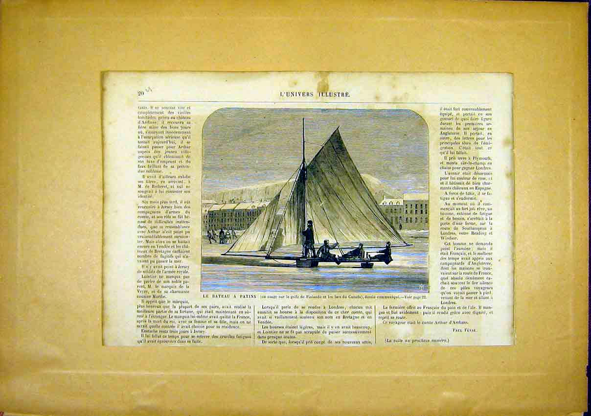 Original Old Antique Print Ice Boat Finland Canada French 1866 Ice-Boat 19th
