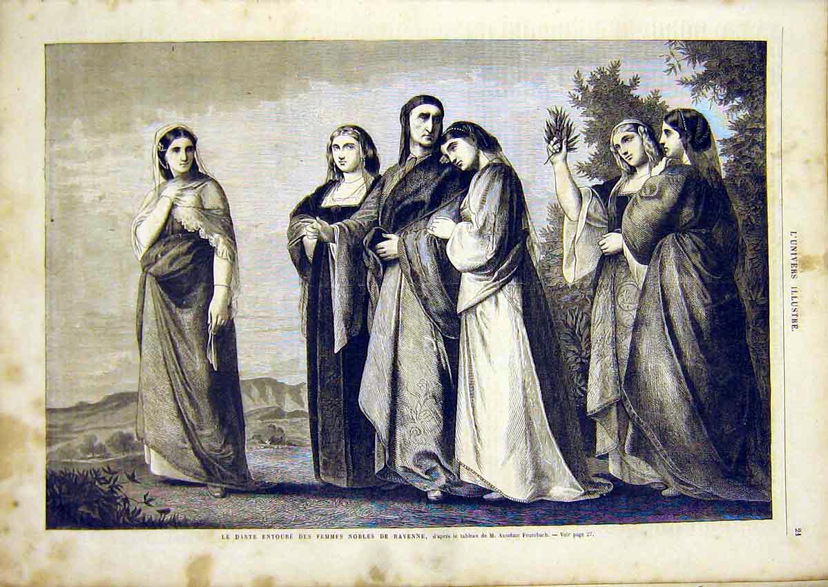 Original Old Antique Print Ladies Ravenne Nobles Feuerbach French 1866 Victorian