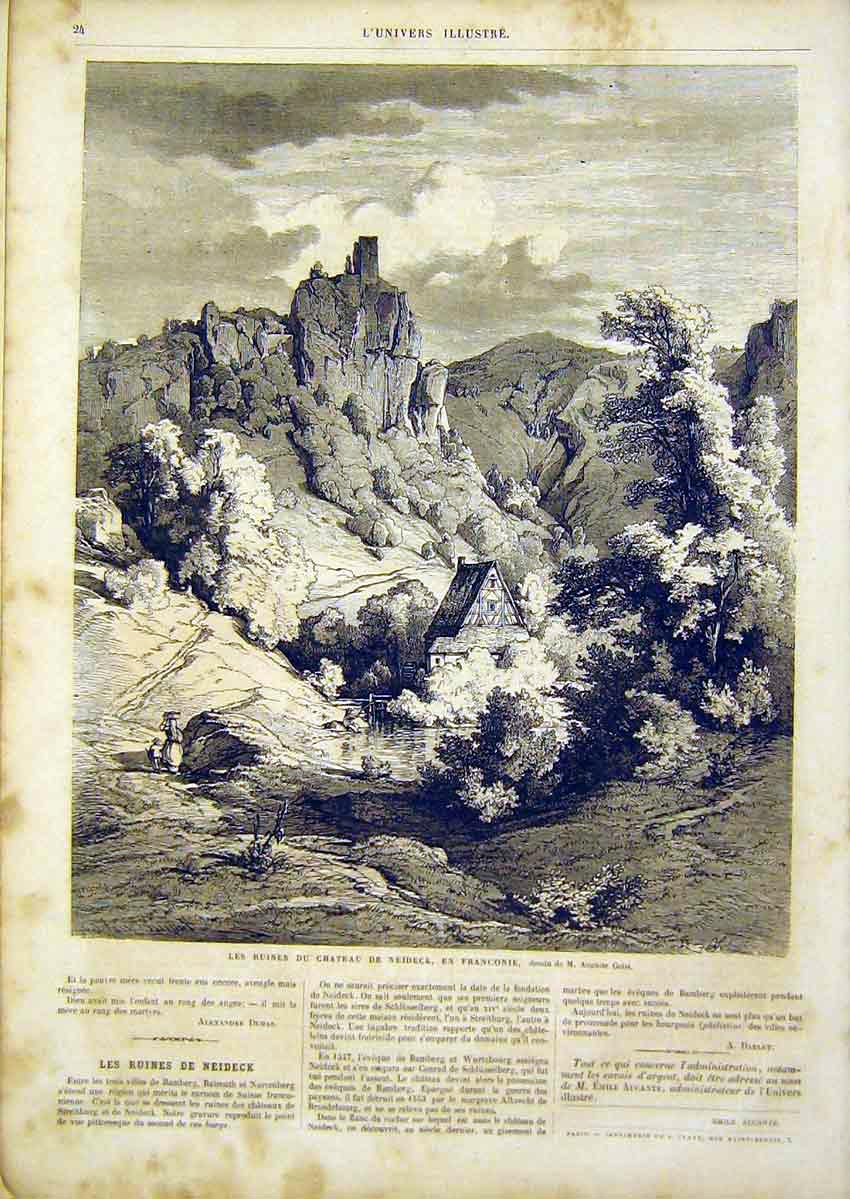 Original Old Antique Print Ruins Castle Neideck France Geist French 1866 19th
