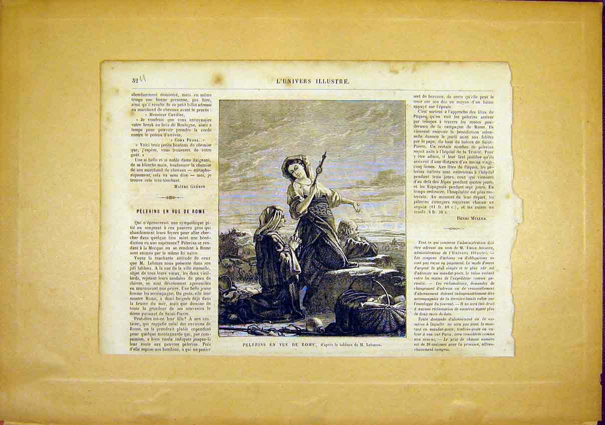 Original Old Antique Print Pelerins Rome View Italy French 1866 19th