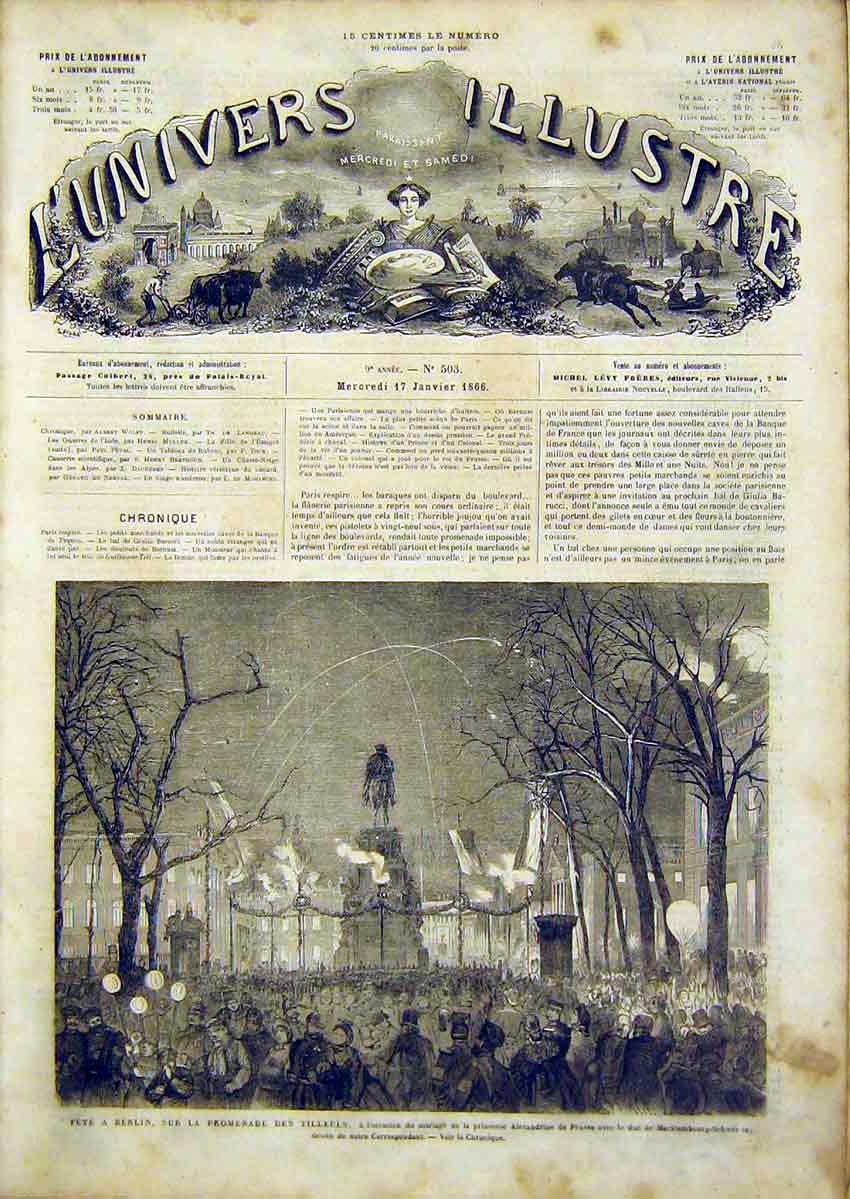 Original Old Antique Print Fete Berlin Tilleuls French 1866 Princess Prussia
