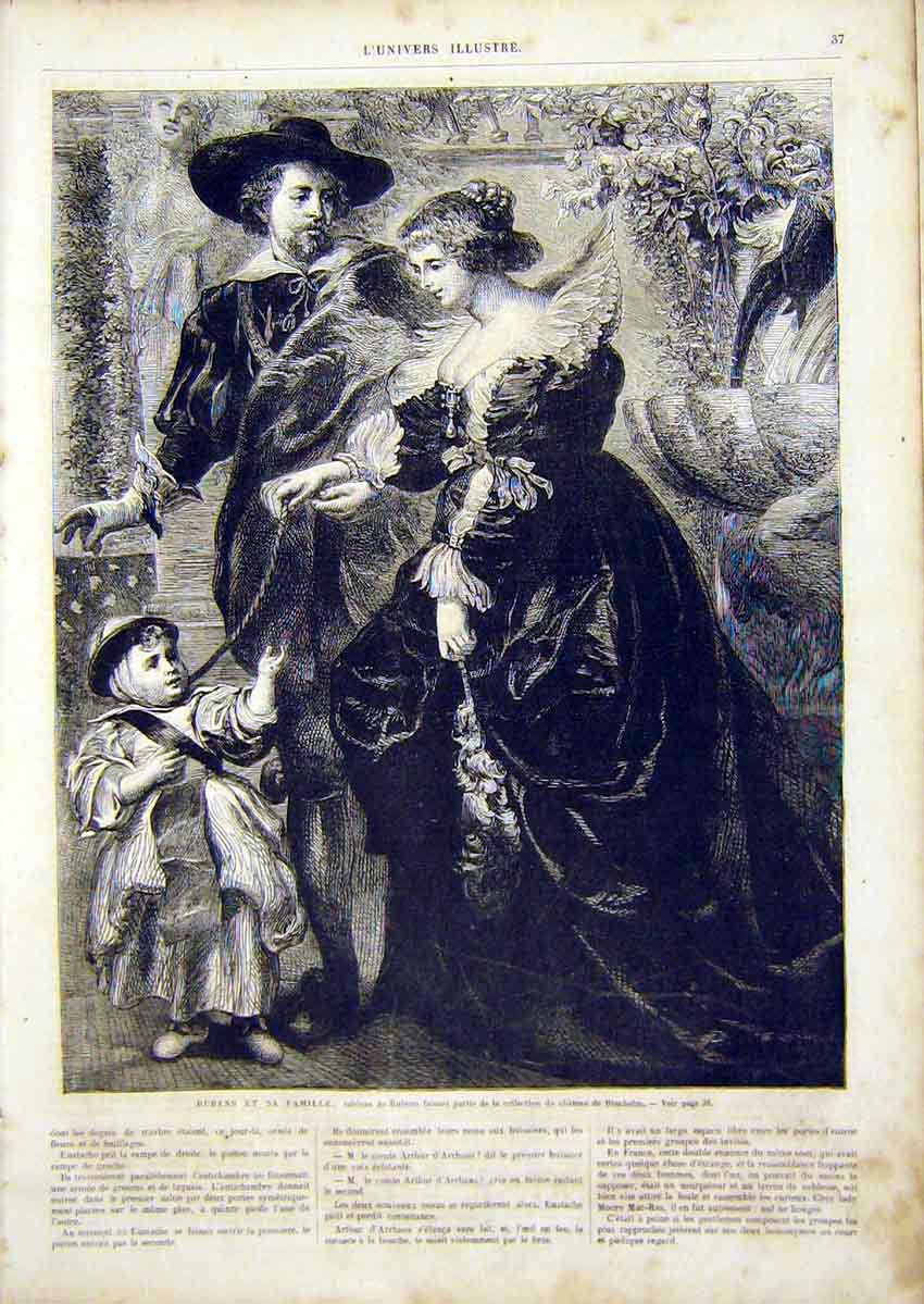 Original Old Antique Print Rubens Family Portrait French 1866 19th