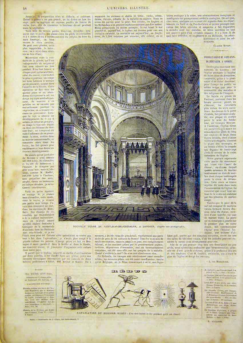 Original Old Antique Print Church Saint-Jean-De-Jerusalem London French 1866