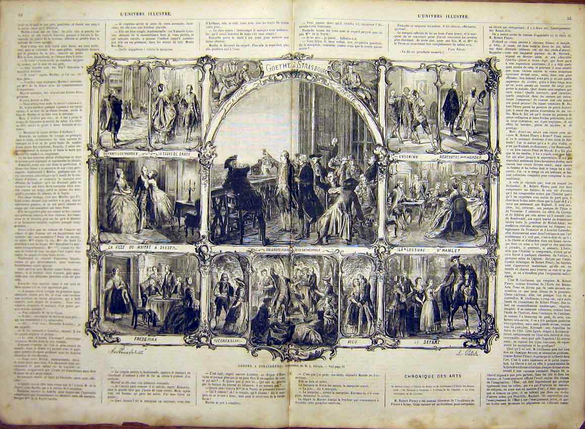 Original Old Antique Print Goethe Strasbourg Sketches Pietsch French 1866 19th