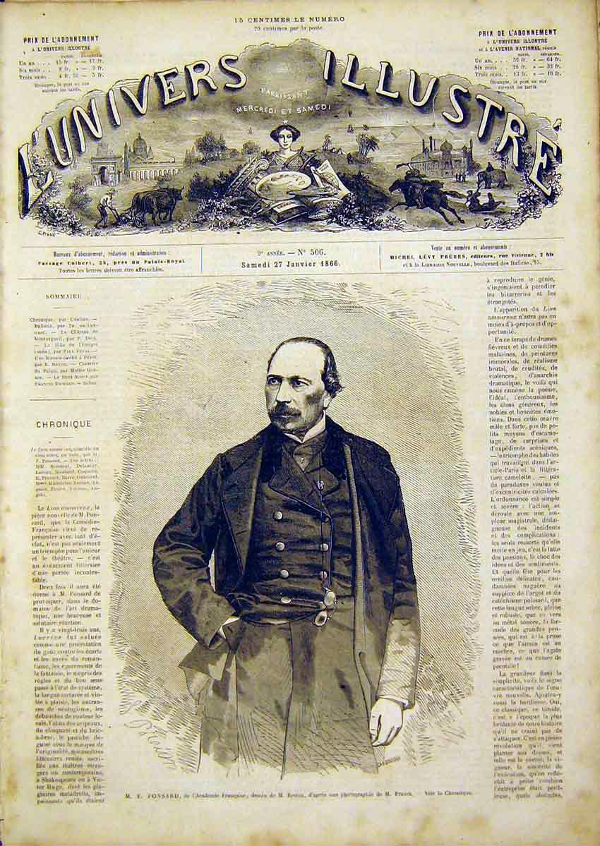 Original Old Antique Print Portrit Ponsard French Academy 1866 19th