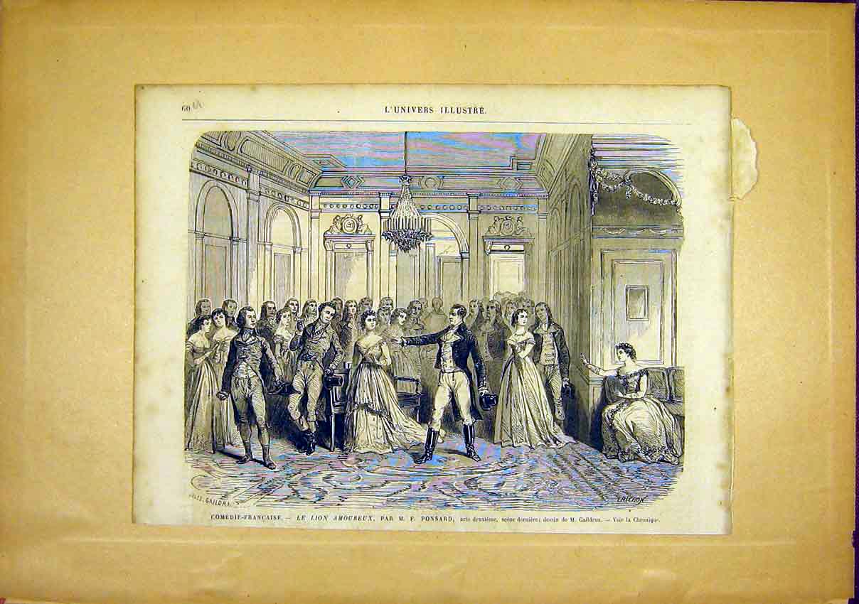 Original Old Antique Print French Comedy Ponsard Lion Amoureux 1866 Victorian