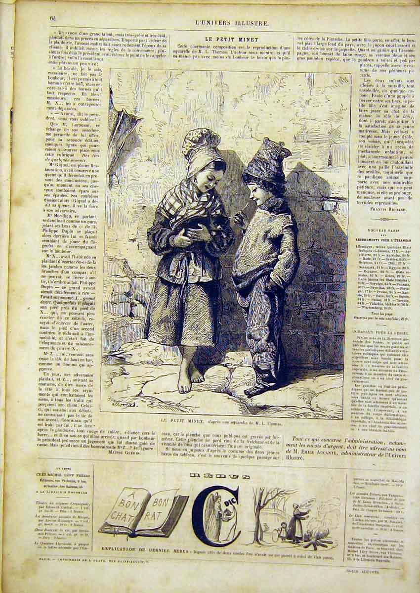 Original Old Antique Print Kitten Children Fine Art French 1866 Thomas Victorian