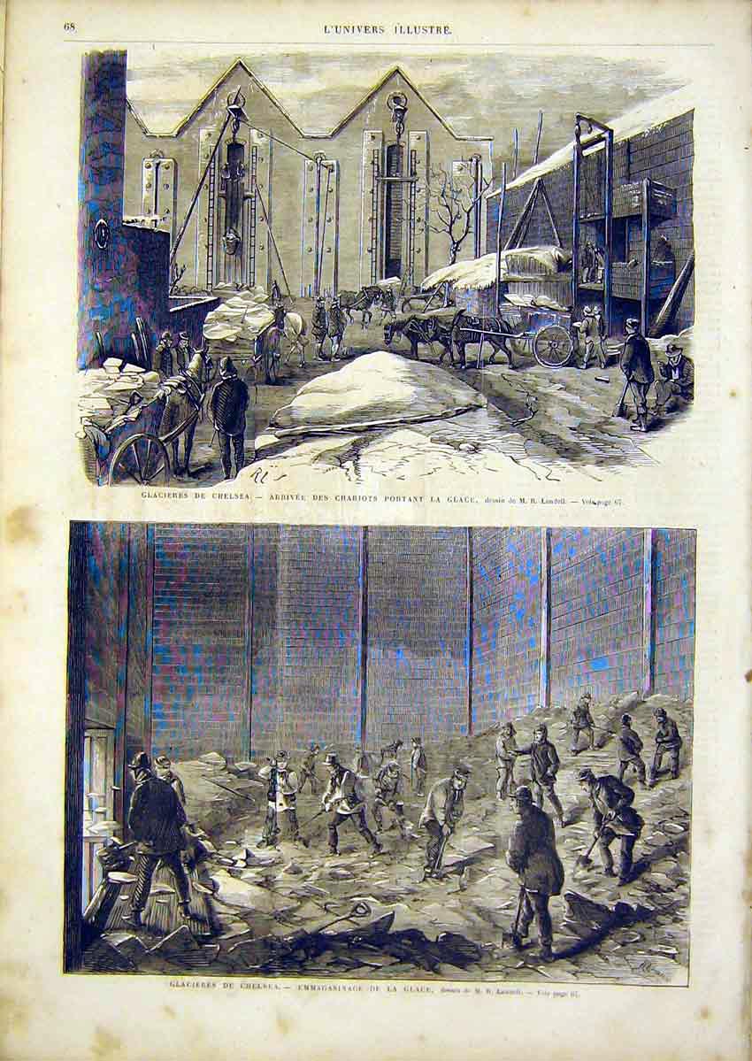 Original Old Antique Print Chelsea Ice Factory Landell French 1866 Victorian