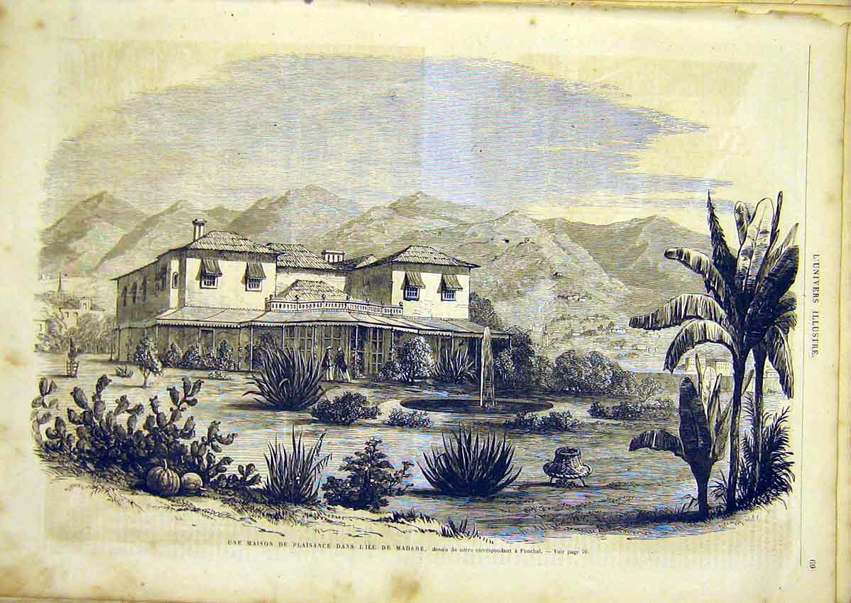 Original Old Antique Print House Madiera Building Farm French 1866 Victorian