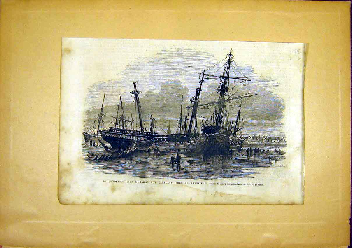 Original Old Antique Print Marseille Ship Wreck Storm Catalans French 1866 19th