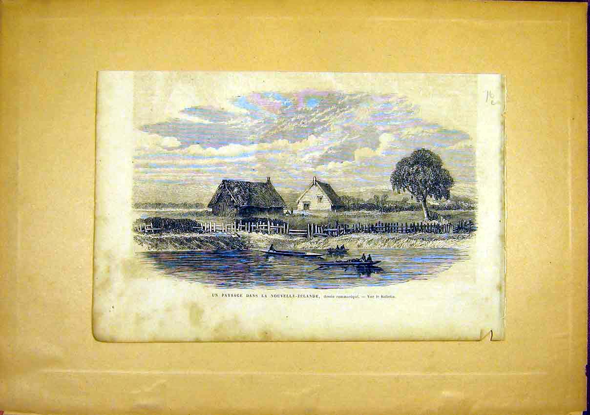 Original Old Antique Print New Zealand Boat River House French 1866 Victorian