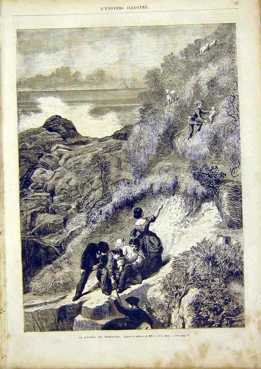 Original Old Antique Print Sant Shepherd Sheep Mountain French 1866 Fine Art