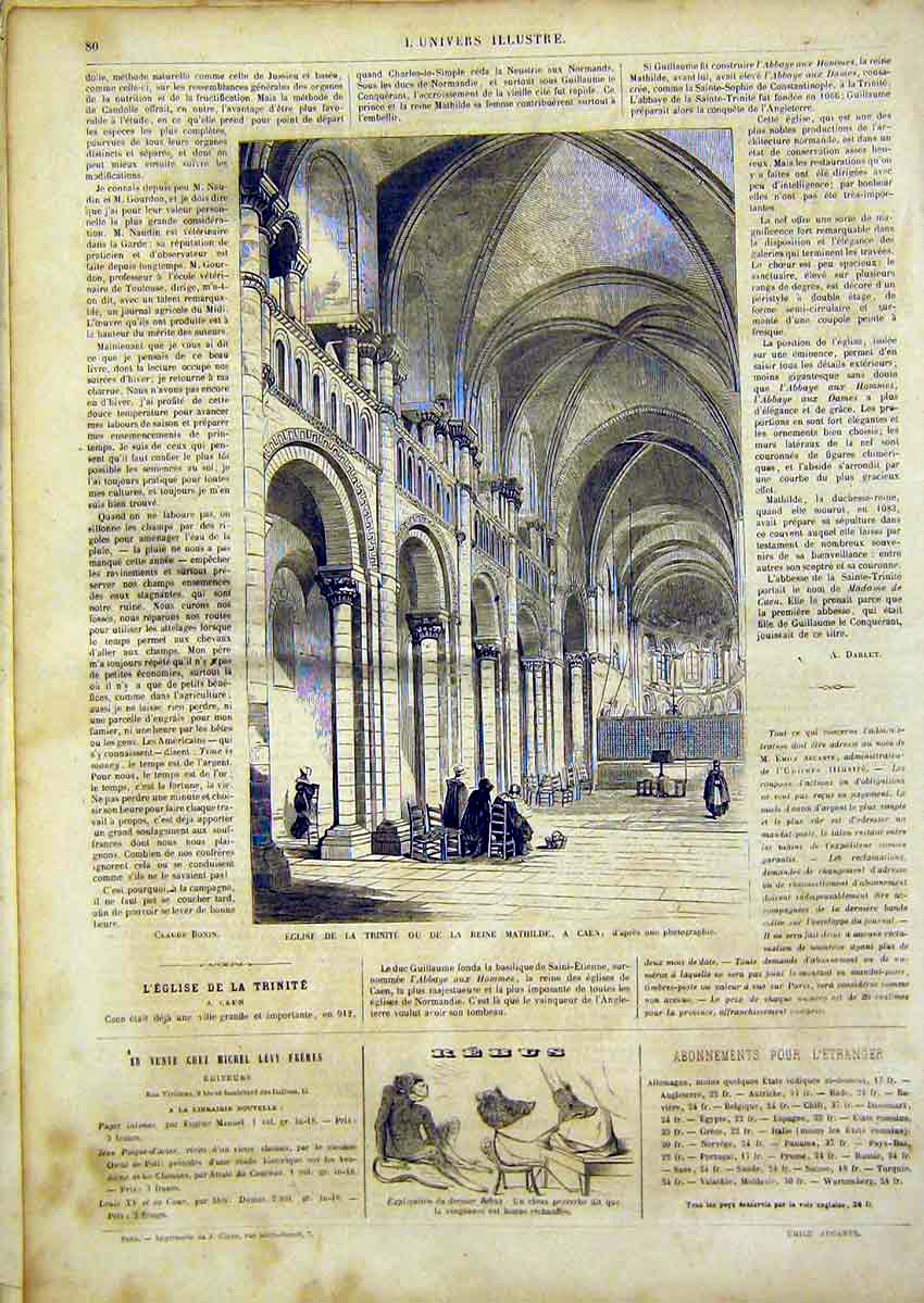 Original Old Antique Print Mathilde Caen France Trinity Building French 1866