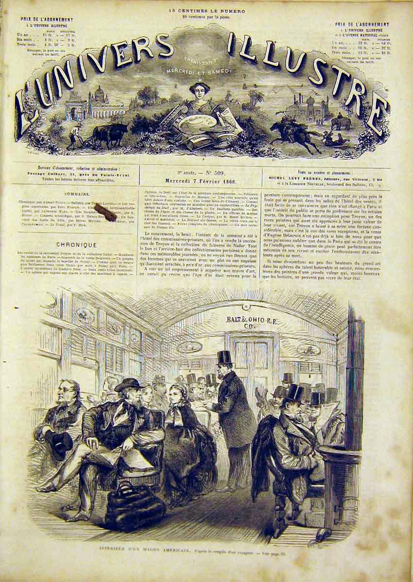 Original Old Antique Print American Train Railway French 1866 19th