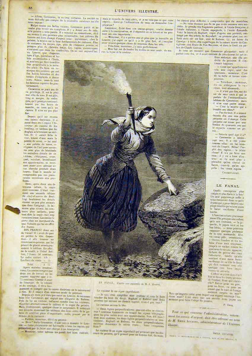 Original Old Antique Print Fanal Fine Art French 1866 Absolon Portrait Lady 19th