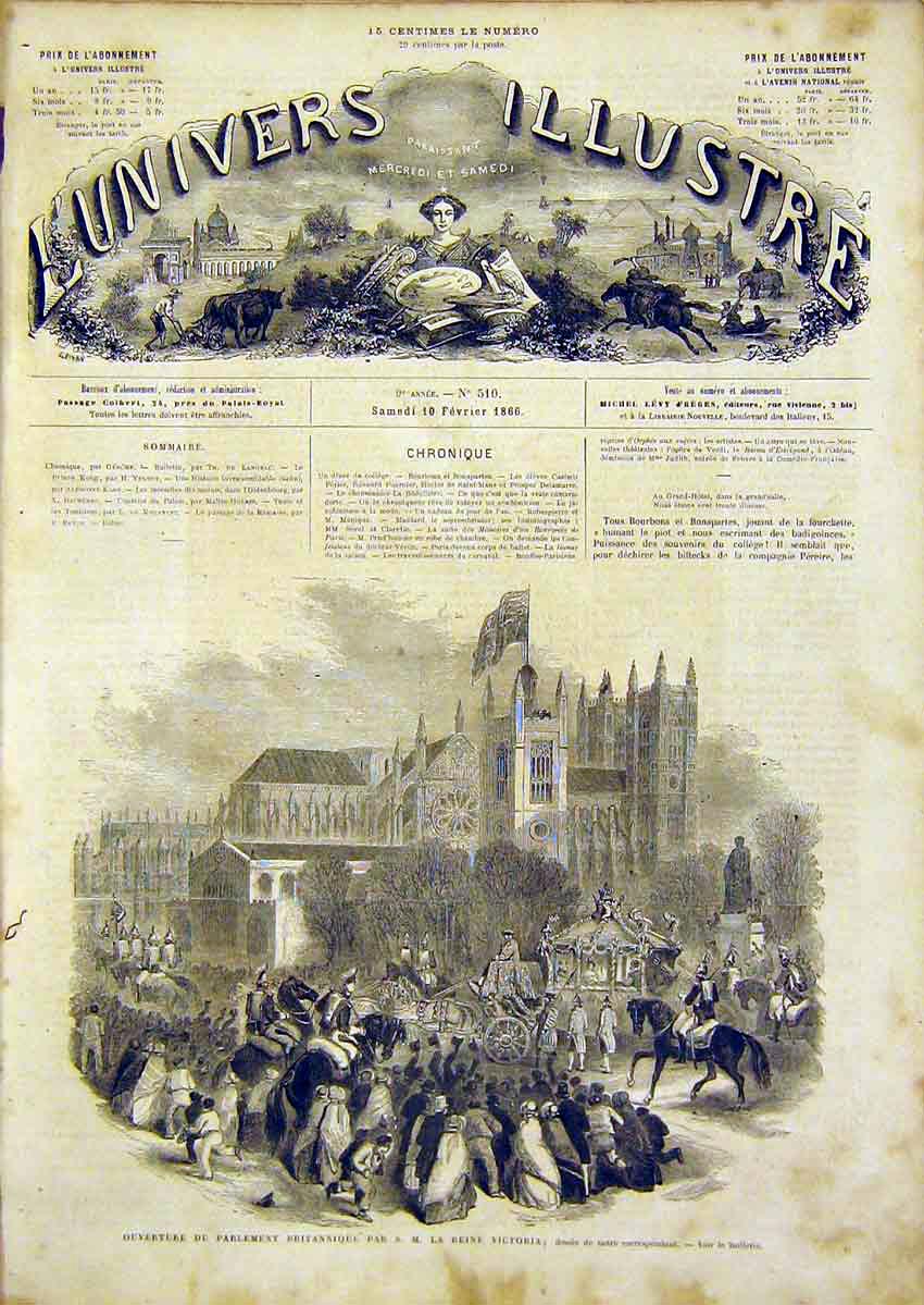 Original Old Antique Print Parliament British Queen Victoria French 1866 19th