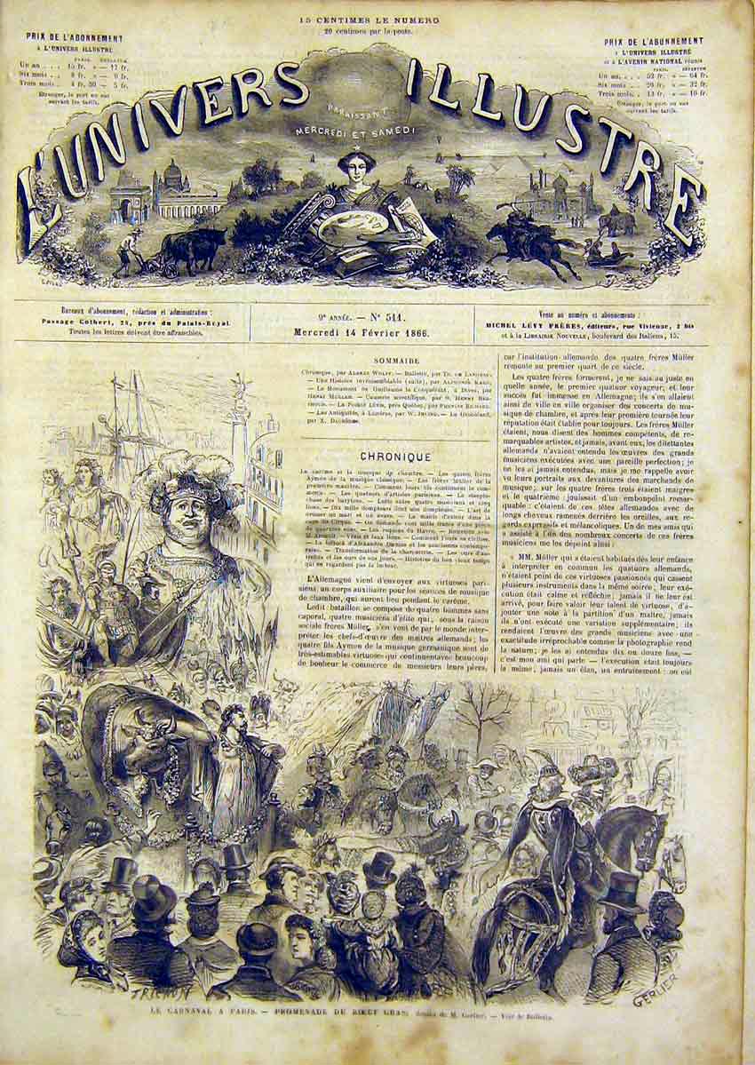 Original Old Antique Print Carnival Paris Gerlier Festival French 1866 Victorian
