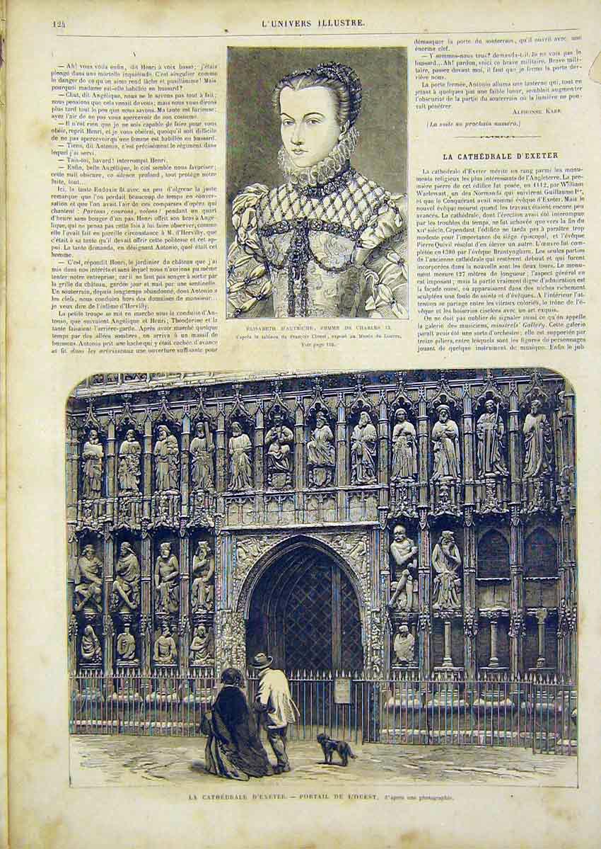 Original Old Antique Print Austrian Elizabeth Cathedral Exeter French 1866 19th