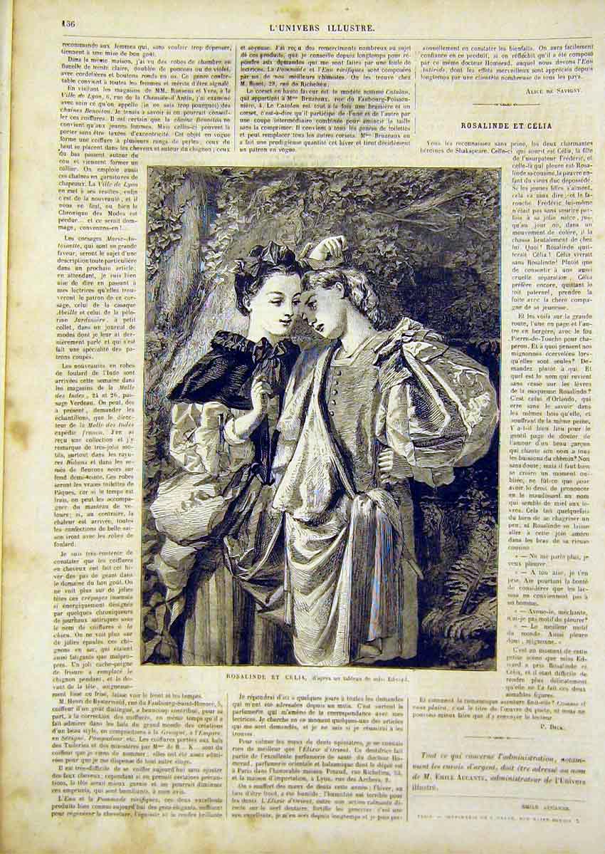 Original Old Antique Print Fine Art French 1866 Rosalinde Celia Edward Victorian