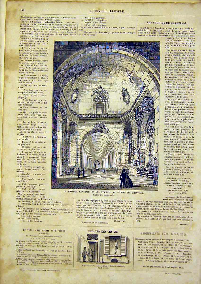 Original Old Antique Print Chantilly Building Rotunda French 1866 19th