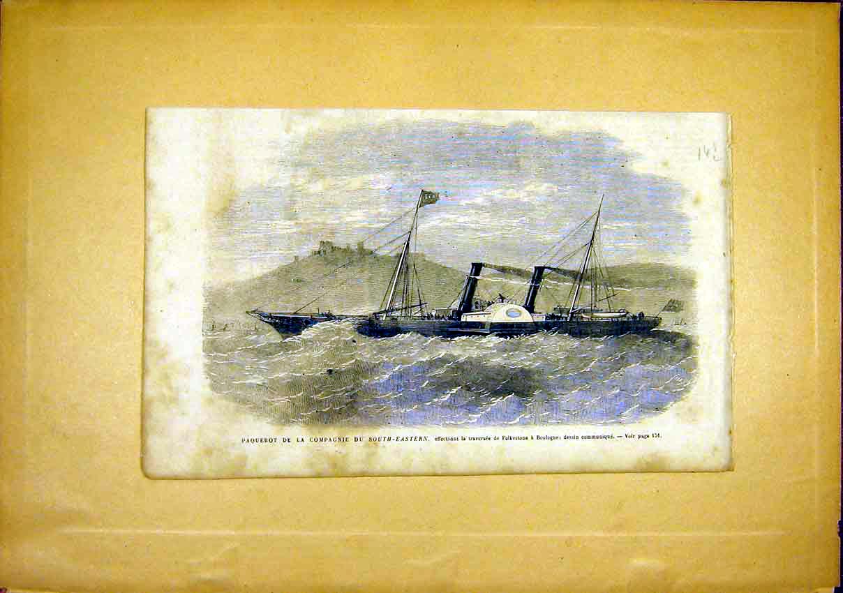 Original Old Antique Print South-Eastern Ship Boat Folkestone French 1866 19th
