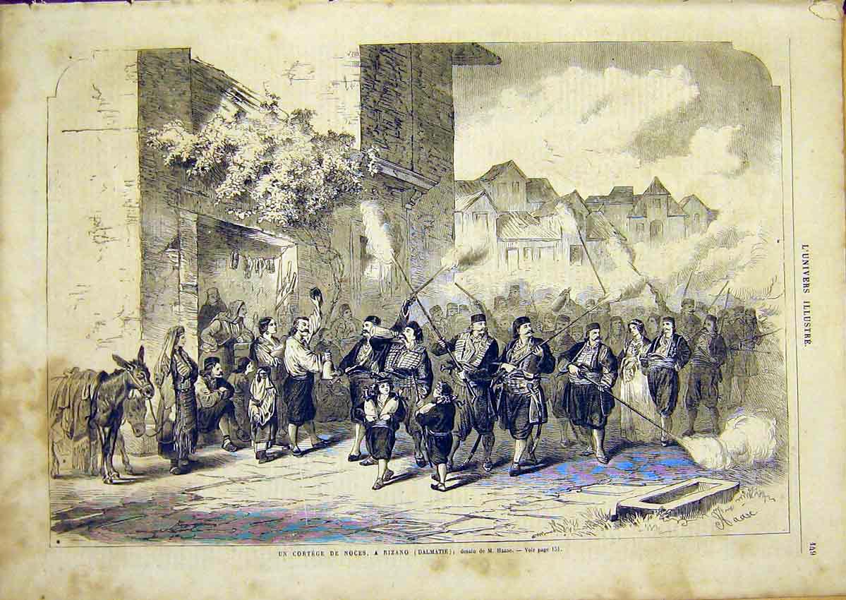 Original Old Antique Print Rizano Damatia Haase Cortege French 1866 Victorian