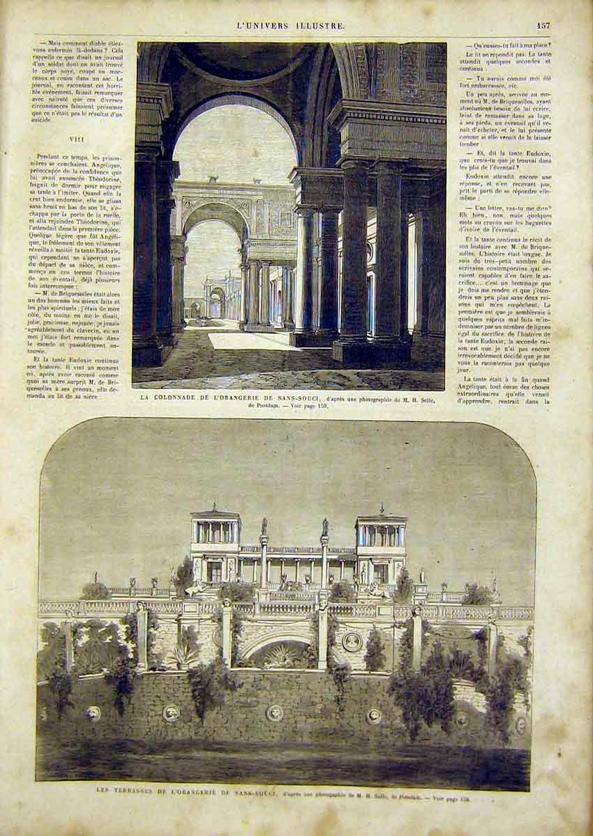 Original Old Antique Print Orangery Sans-Souci Selle Terrace French 1866 19th