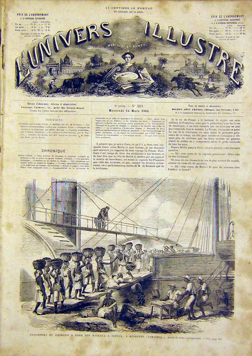 Original Old Antique Print Kingston Jamaica Ship Boat Coal French 1866 Victorian