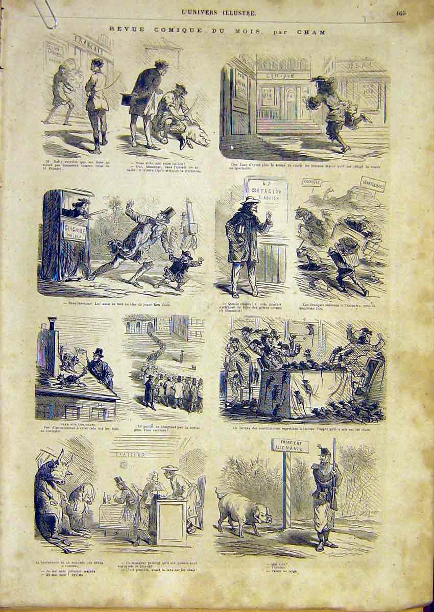 Original Old Antique Print Comic Review French 1866 Sketches Cham Victorian