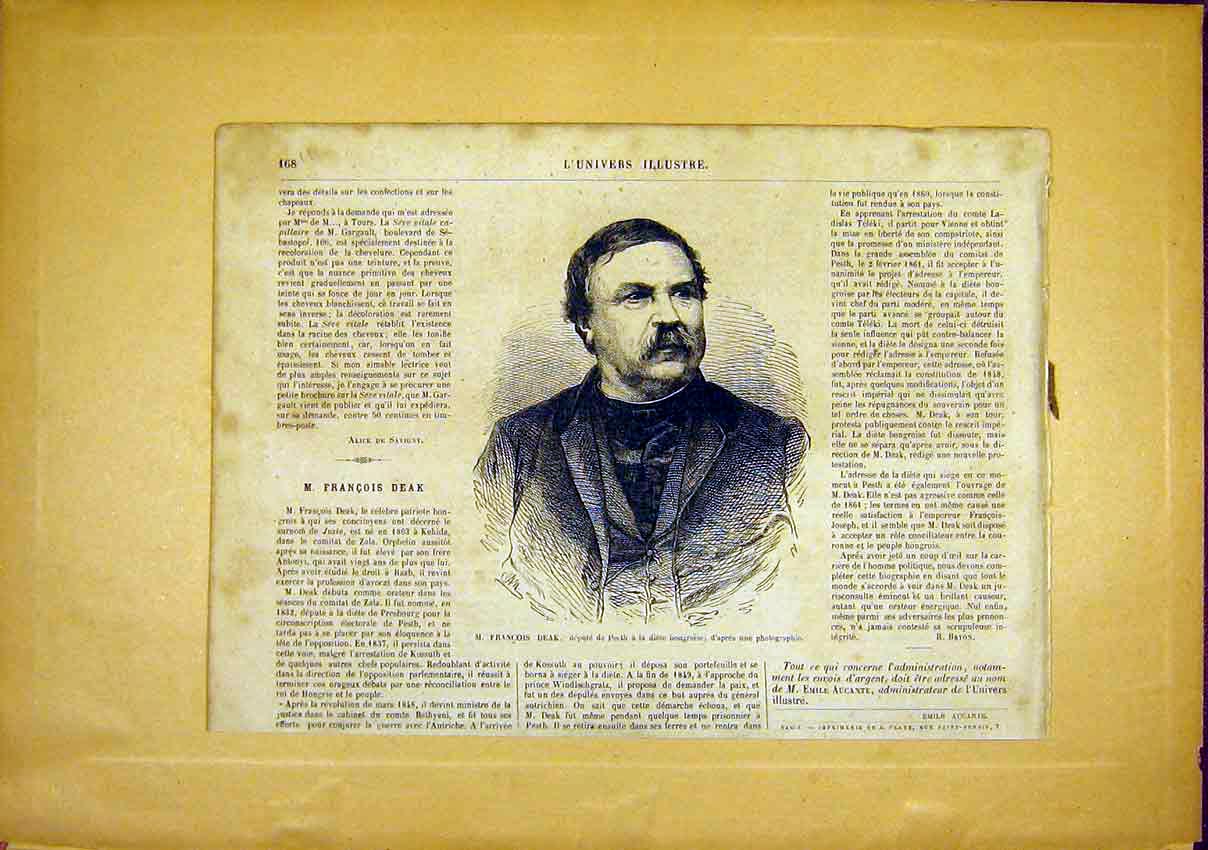 Original Old Antique Print Portrait Francois Deak Pesth French 1866 Victorian