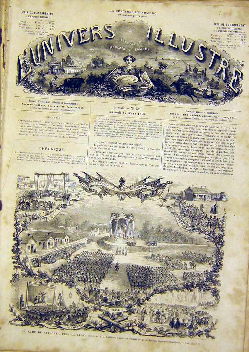 Original Old Antique Print Lyon Sathonay Camp Military Review French 1866 19th