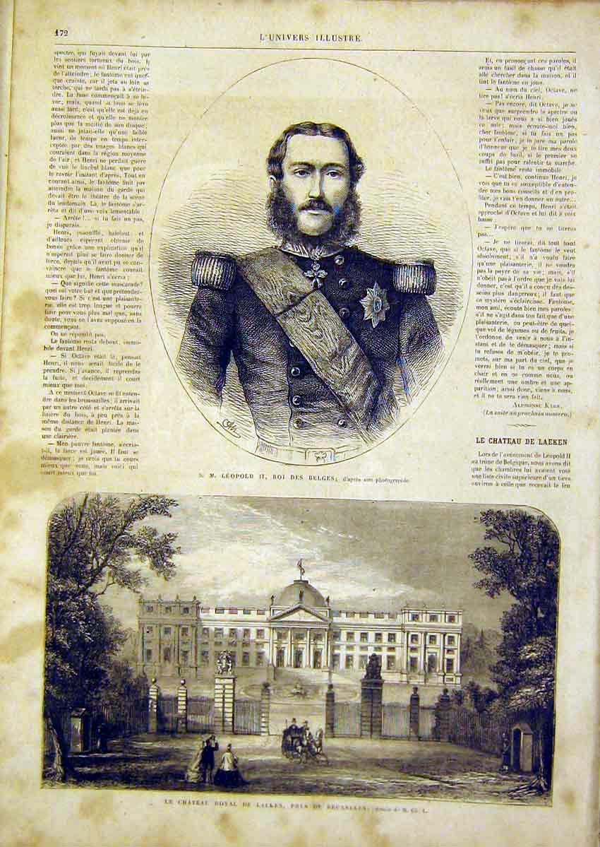 Original Old Antique Print Portrait LeopBelgium Castle Laeken Brussels 1866 19th