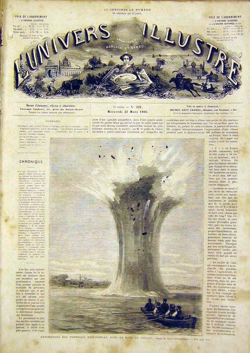 Original Old Antique Print Topredo Toulon River Experiment French 1866 Victorian