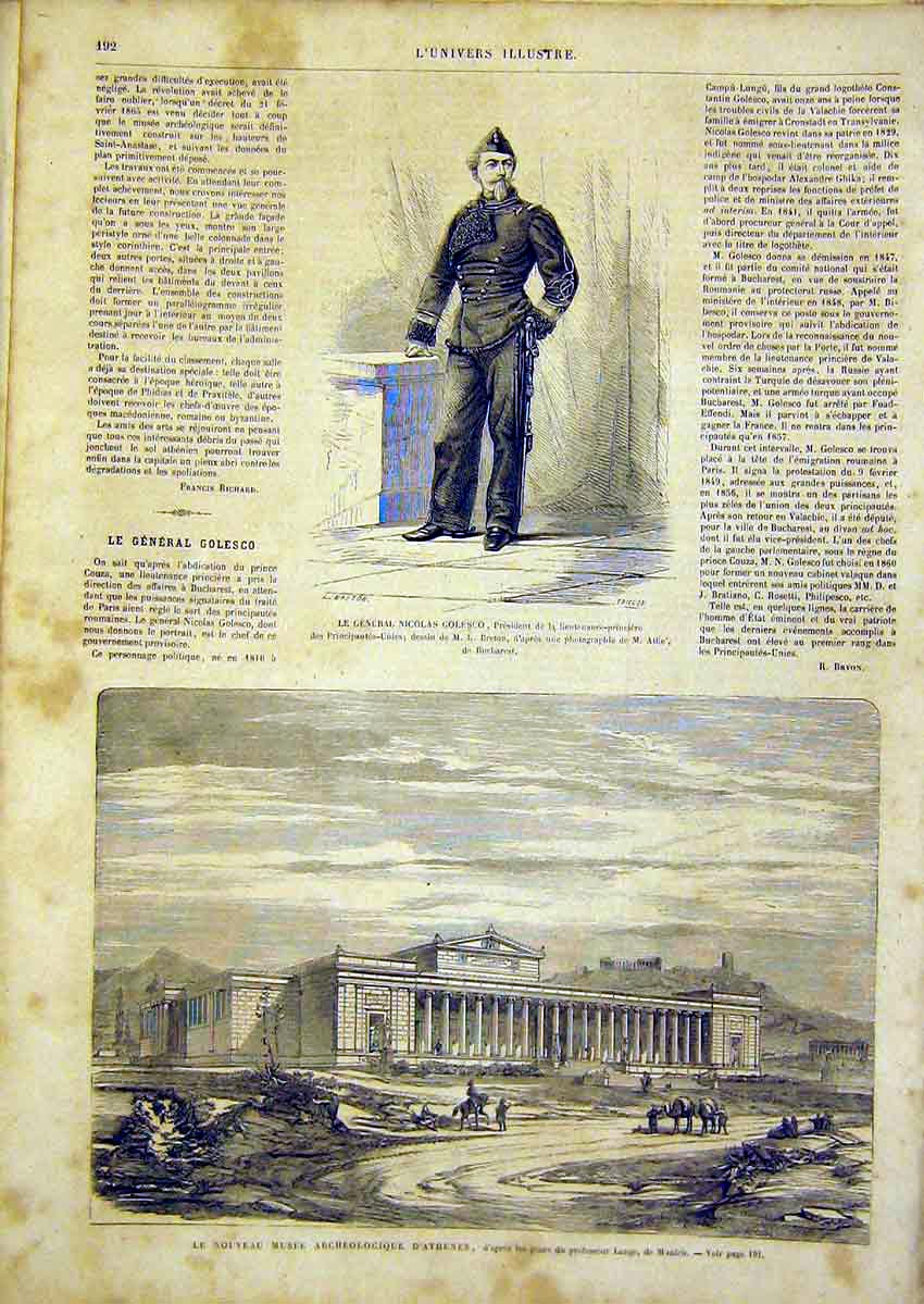 Original Old Antique Print Portrait Golesco Museum Athens French 1866 Victorian
