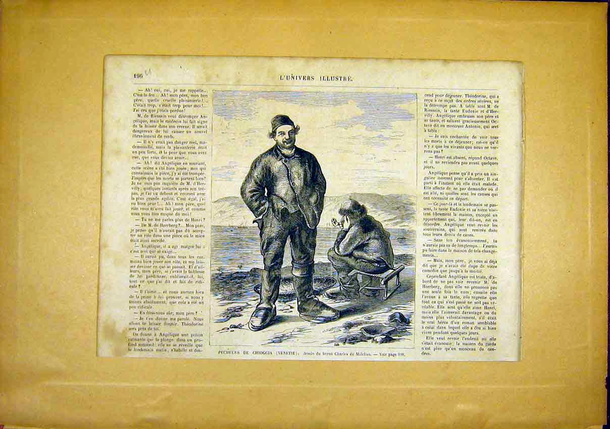 Original Old Antique Print Fishermen Chiogga Venice Malchus French 1866 19th