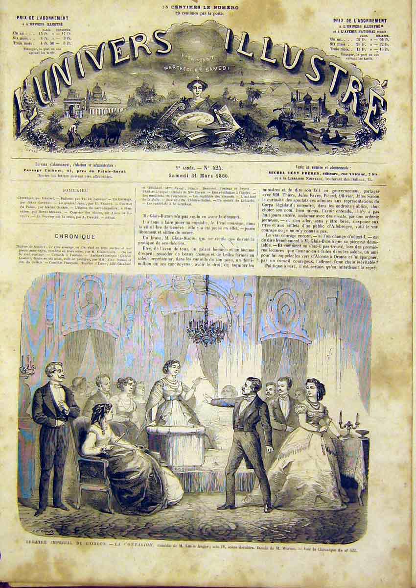 Original Old Antique Print Theatre Odeon Augier Scene French 1866 19th